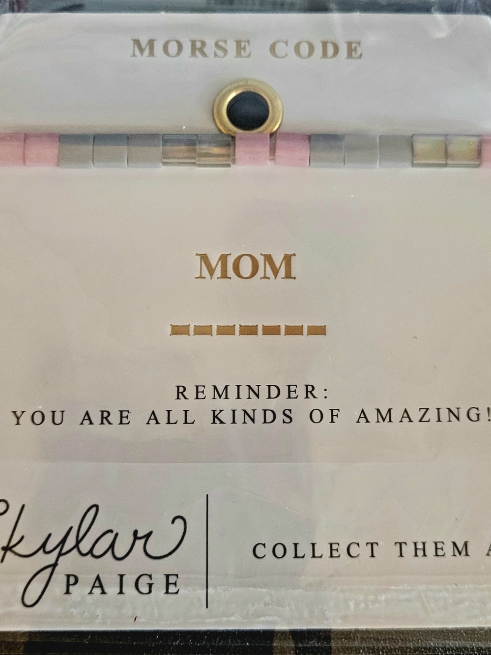 MOM Morse Code Beaded Bracelet - Pink and Silver
